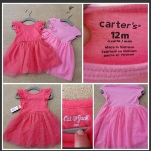 2 Cat&Jack BabyGirl Pink/Coral  Ruffle  Party Dresses (12month)Tulle Puff Sleeve